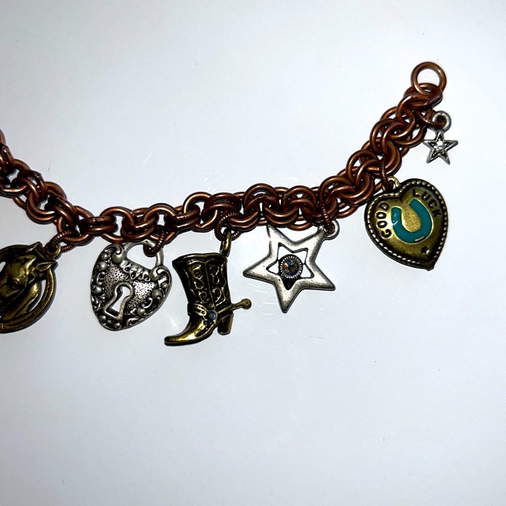 Designer Sweet Romance Equestrian Theme 10 Charm Brass Copper Nickel Bracelet - Picture 9 of 12